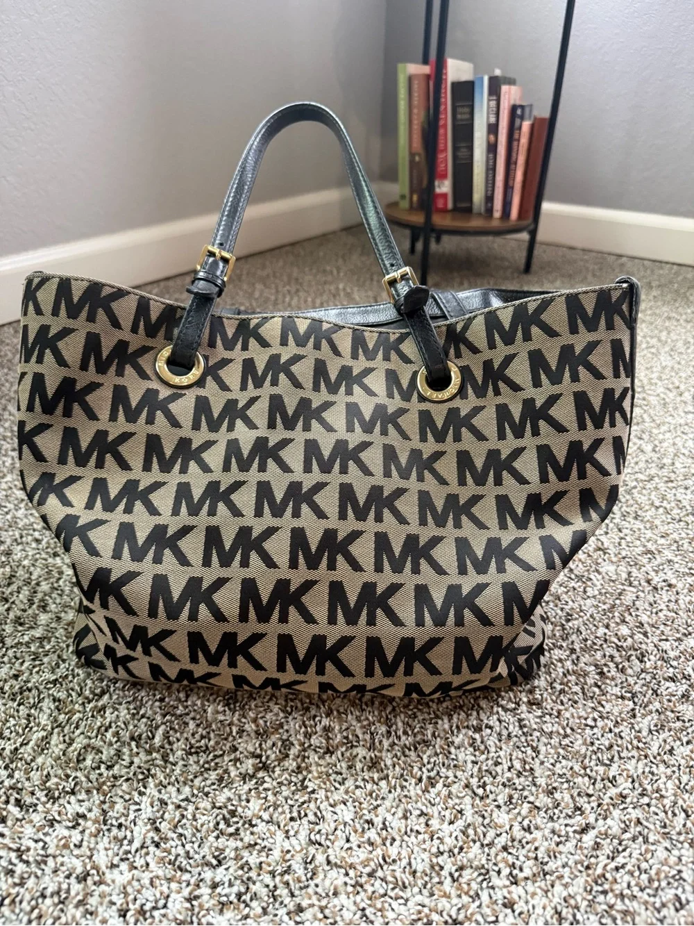 Michael Kors Tan Brown MK Logo Tote with Black Handles
